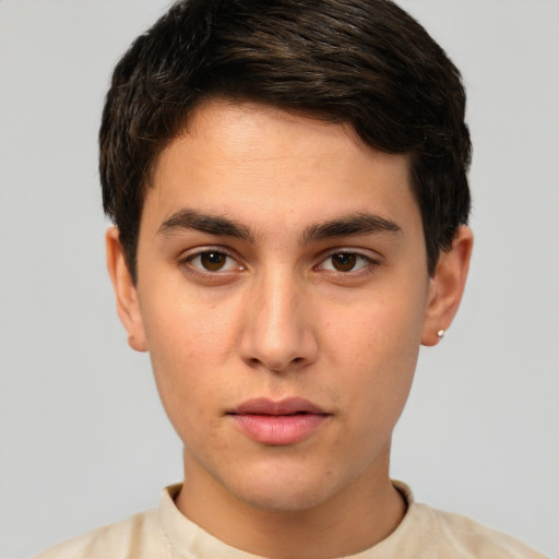 Neutral white young-adult male with short  brown hair and brown eyes