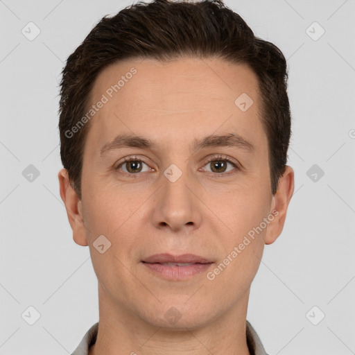 Joyful white adult male with short  brown hair and brown eyes