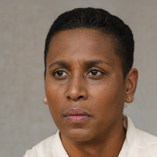 Neutral black young-adult female with short  black hair and brown eyes