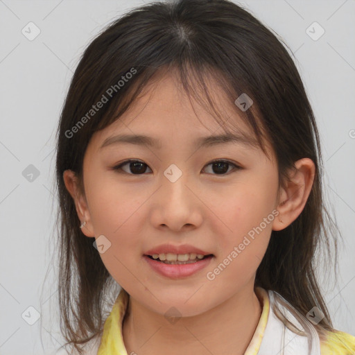 Joyful white child female with medium  brown hair and brown eyes