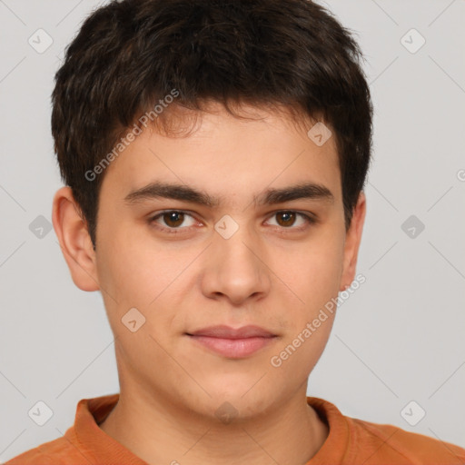 Neutral white young-adult male with short  brown hair and brown eyes