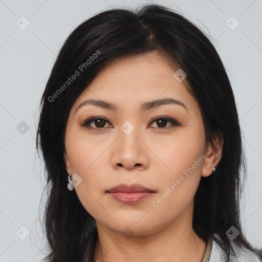 Neutral asian young-adult female with long  black hair and brown eyes