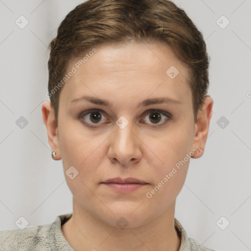 Neutral white young-adult female with short  brown hair and brown eyes