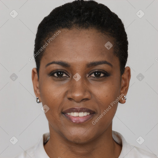 Joyful black young-adult female with short  black hair and brown eyes