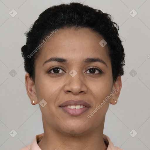 Joyful latino young-adult female with short  brown hair and brown eyes