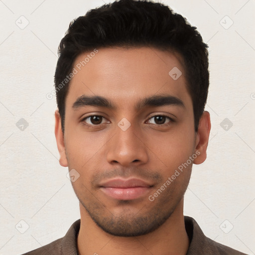 Neutral latino young-adult male with short  black hair and brown eyes