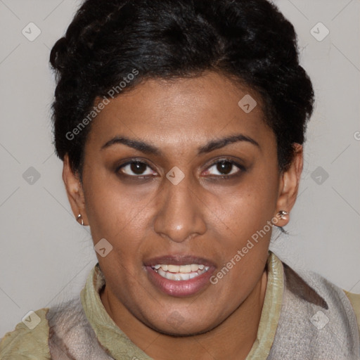 Joyful latino young-adult female with short  brown hair and brown eyes