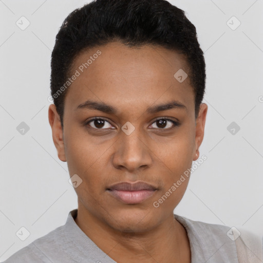 Neutral black young-adult female with short  black hair and brown eyes