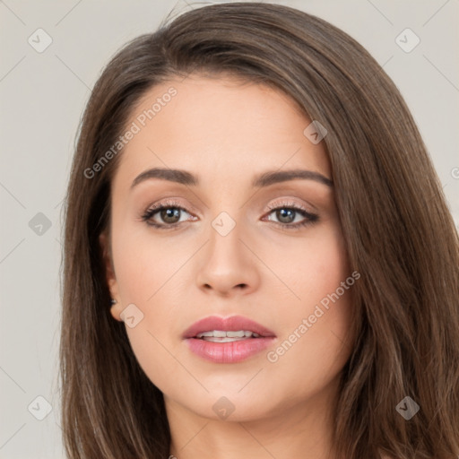 Neutral white young-adult female with long  brown hair and brown eyes