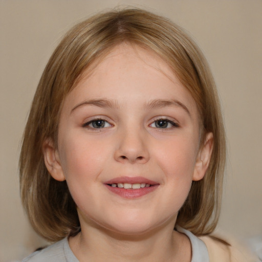 Joyful white child female with medium  brown hair and blue eyes