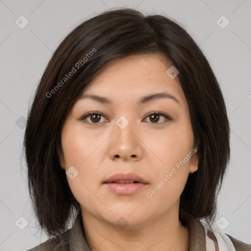 Neutral asian young-adult female with medium  brown hair and brown eyes