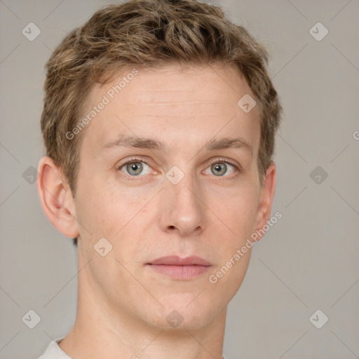 Neutral white adult male with short  brown hair and grey eyes