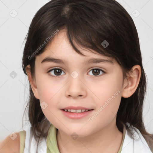 Joyful white child female with medium  brown hair and brown eyes