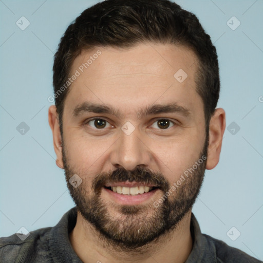 Joyful white young-adult male with short  brown hair and brown eyes