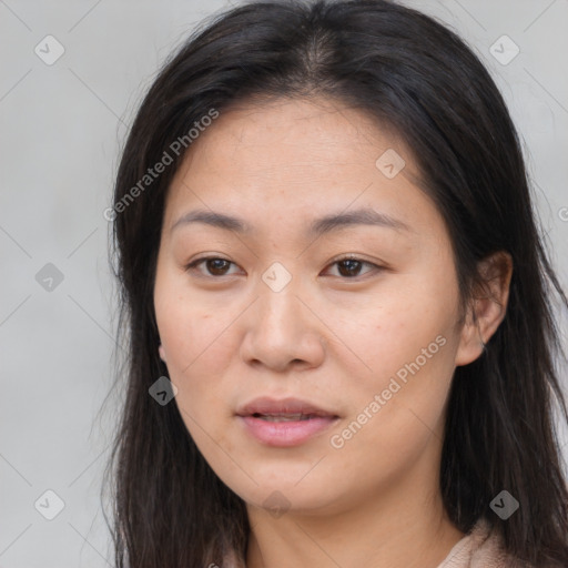 Neutral asian young-adult female with long  brown hair and brown eyes