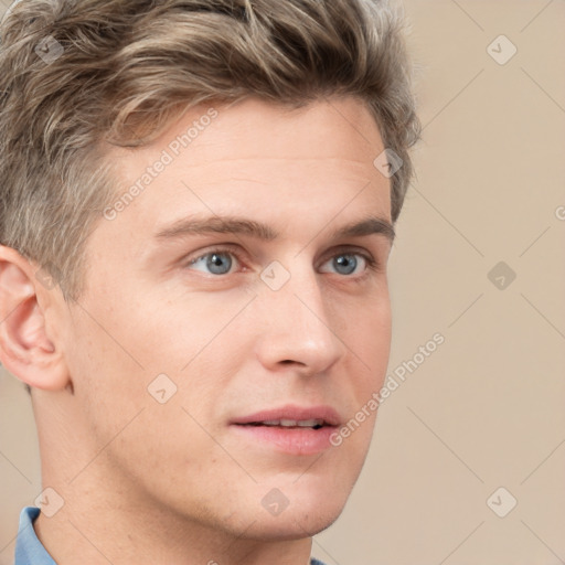 Neutral white young-adult male with short  brown hair and grey eyes