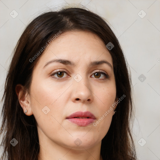 Neutral white young-adult female with long  brown hair and brown eyes