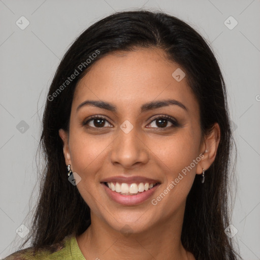 Joyful latino young-adult female with medium  brown hair and brown eyes