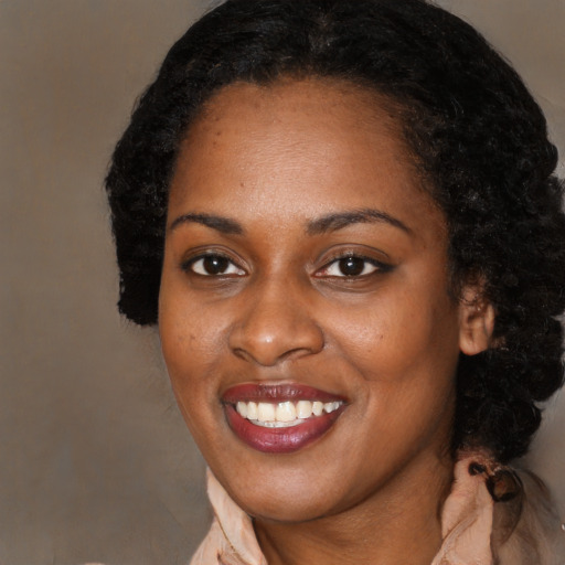 Joyful black young-adult female with medium  black hair and brown eyes