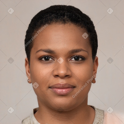 Joyful black young-adult female with short  brown hair and brown eyes