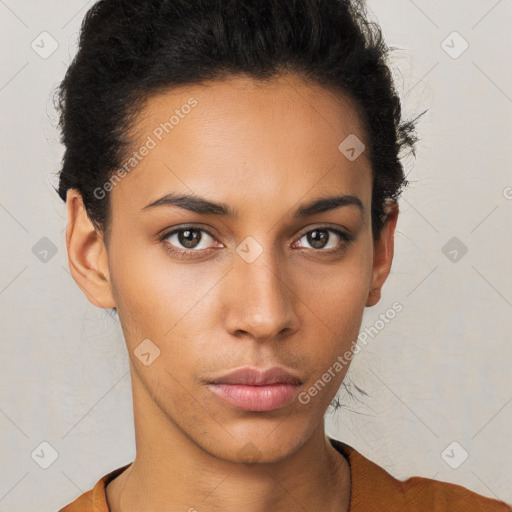 Neutral white young-adult female with short  brown hair and brown eyes