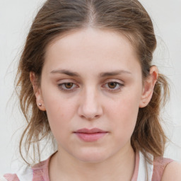 Neutral white young-adult female with medium  brown hair and grey eyes