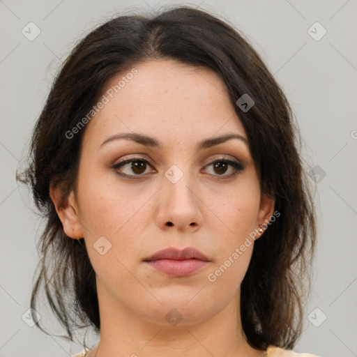 Neutral white young-adult female with medium  brown hair and brown eyes