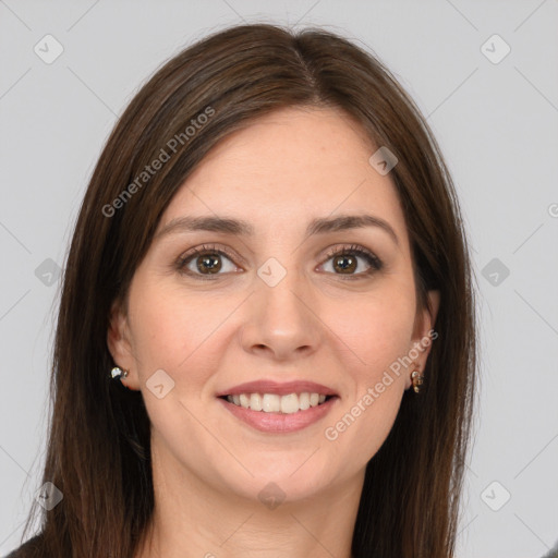 Joyful white young-adult female with long  brown hair and grey eyes