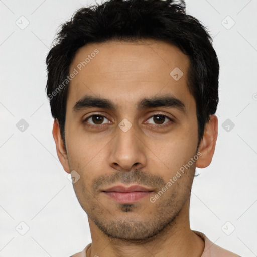 Neutral latino young-adult male with short  black hair and brown eyes