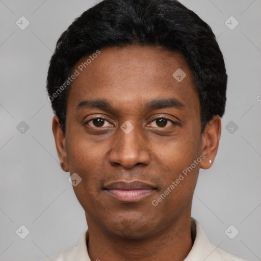 Neutral black young-adult male with short  black hair and brown eyes