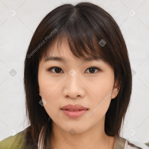 Neutral asian young-adult female with medium  brown hair and brown eyes