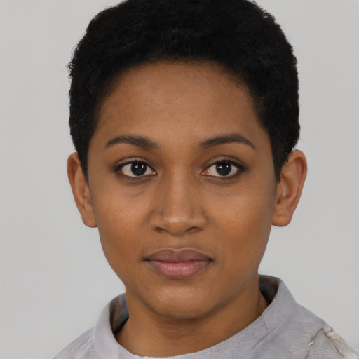 Neutral black young-adult female with short  black hair and brown eyes