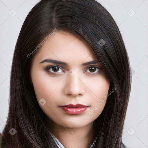 Neutral white young-adult female with long  brown hair and brown eyes