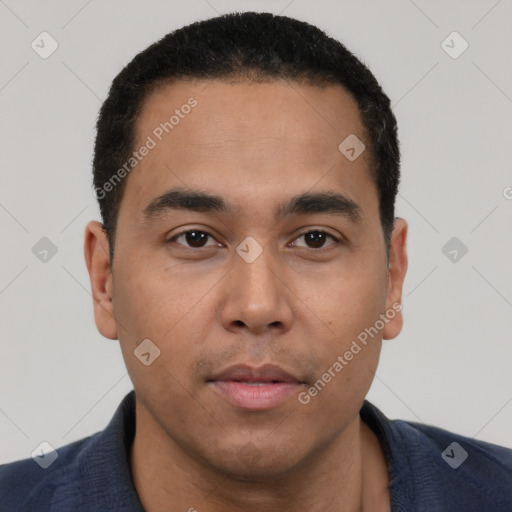 Neutral latino young-adult male with short  black hair and brown eyes