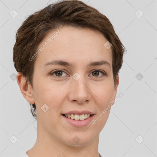 Joyful white young-adult female with short  brown hair and grey eyes