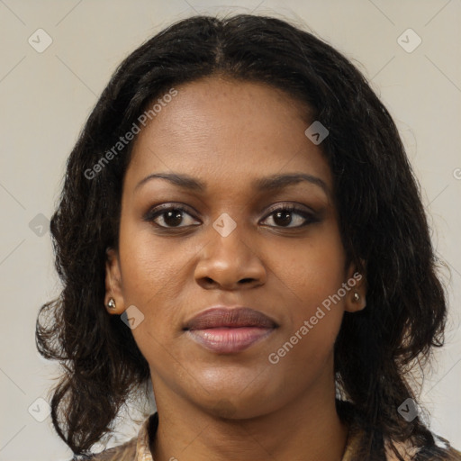 Joyful black young-adult female with medium  brown hair and brown eyes