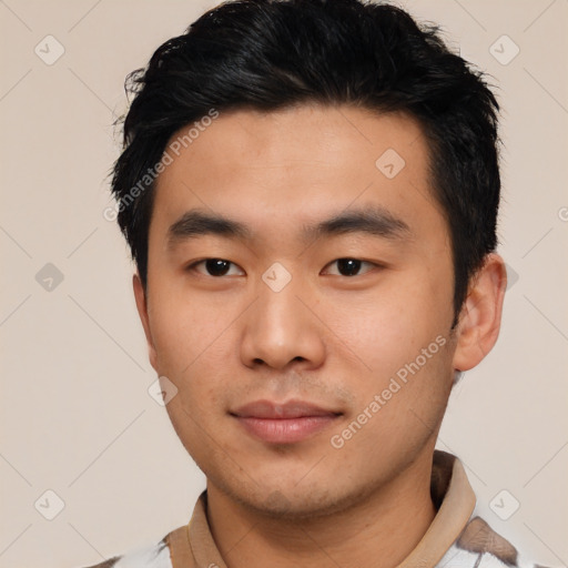 Neutral asian young-adult male with short  black hair and brown eyes