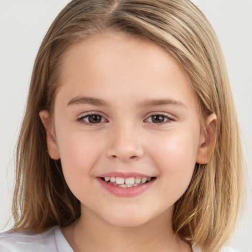 Joyful white child female with medium  brown hair and brown eyes