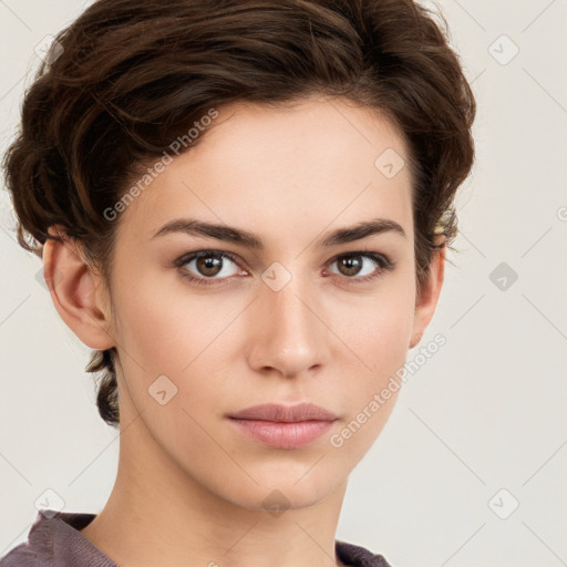 Neutral white young-adult female with short  brown hair and brown eyes