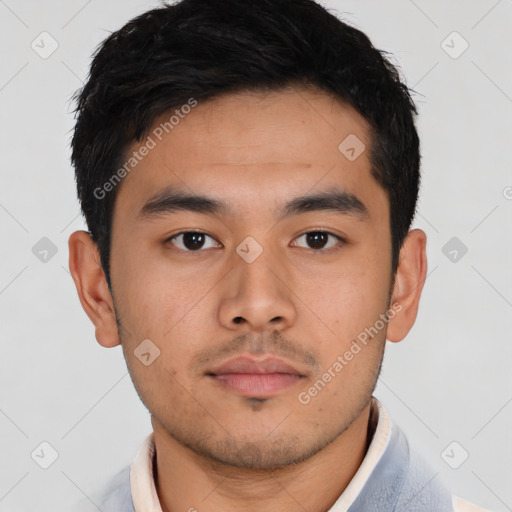 Neutral asian young-adult male with short  black hair and brown eyes