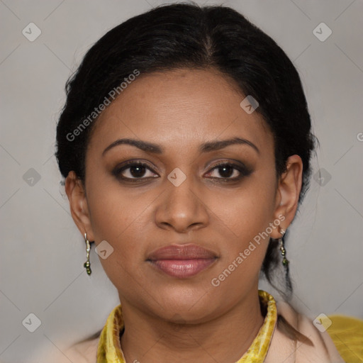 Joyful latino young-adult female with medium  brown hair and brown eyes