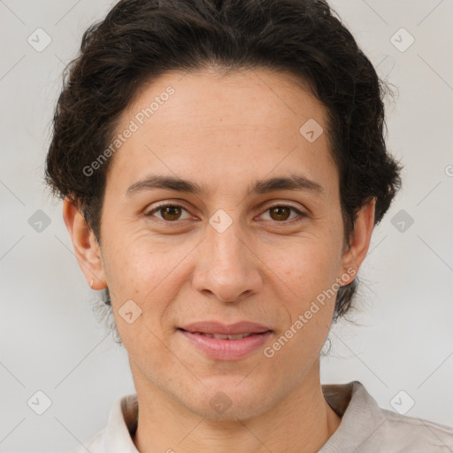 Joyful white adult female with short  brown hair and brown eyes