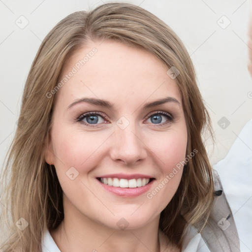 Joyful white young-adult female with medium  brown hair and blue eyes