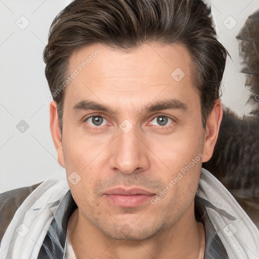 Neutral white adult male with short  brown hair and brown eyes