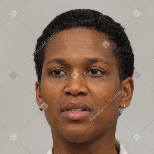 Neutral black young-adult female with short  black hair and brown eyes
