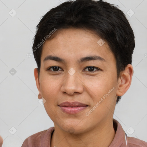 Joyful asian young-adult female with short  brown hair and brown eyes