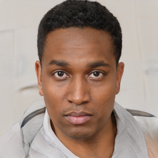 Neutral black young-adult male with short  black hair and brown eyes
