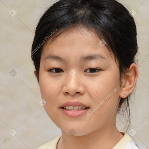 Joyful white child female with medium  brown hair and brown eyes