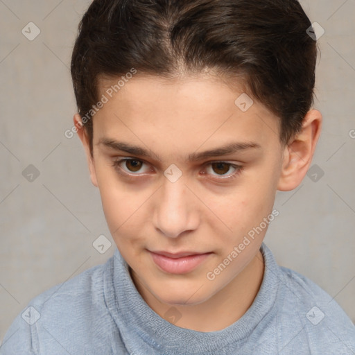 Joyful white child female with short  brown hair and brown eyes