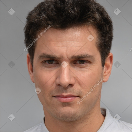 Neutral white adult male with short  brown hair and brown eyes